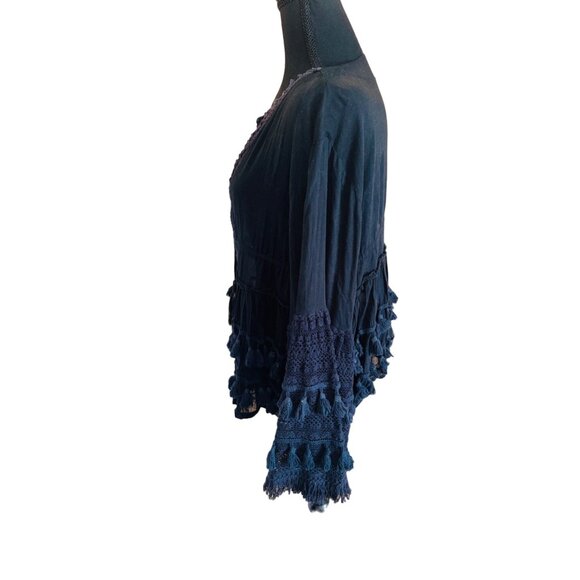 Bohemian Chic Laraethnics Black Cotton Tassel Crochet Top Blouse S/M Sustainable - Picture 6 of 13